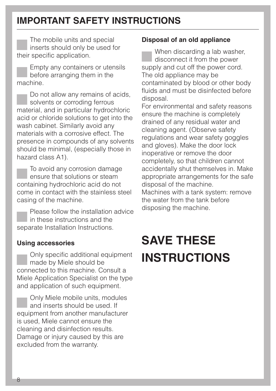 Save these instructions, Important safety instructions | Miele G 7827 User Manual | Page 8 / 48