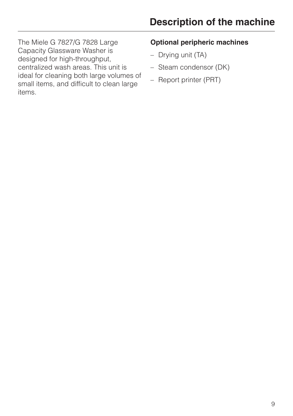Description of the machine 9, Description of the machine | Miele G 7827 User Manual | Page 9 / 48