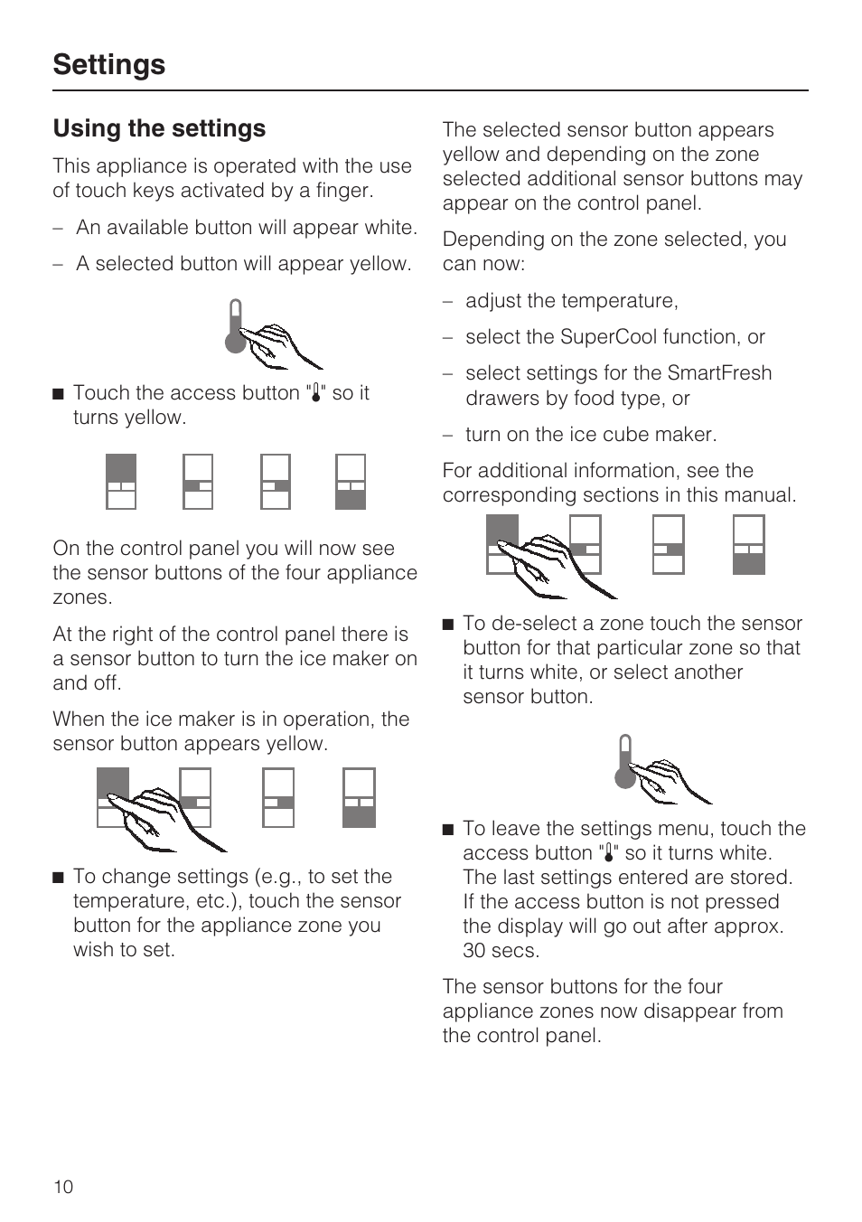 Settings 10, Settings, Using the settings | Miele KF1801SF User Manual | Page 10 / 80
