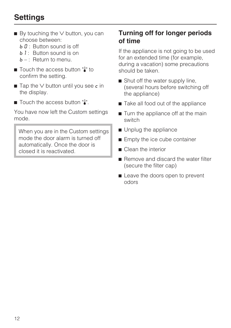 Turning off for longer periods of time 12, Settings, Turning off for longer periods of time | Miele KF1801SF User Manual | Page 12 / 80
