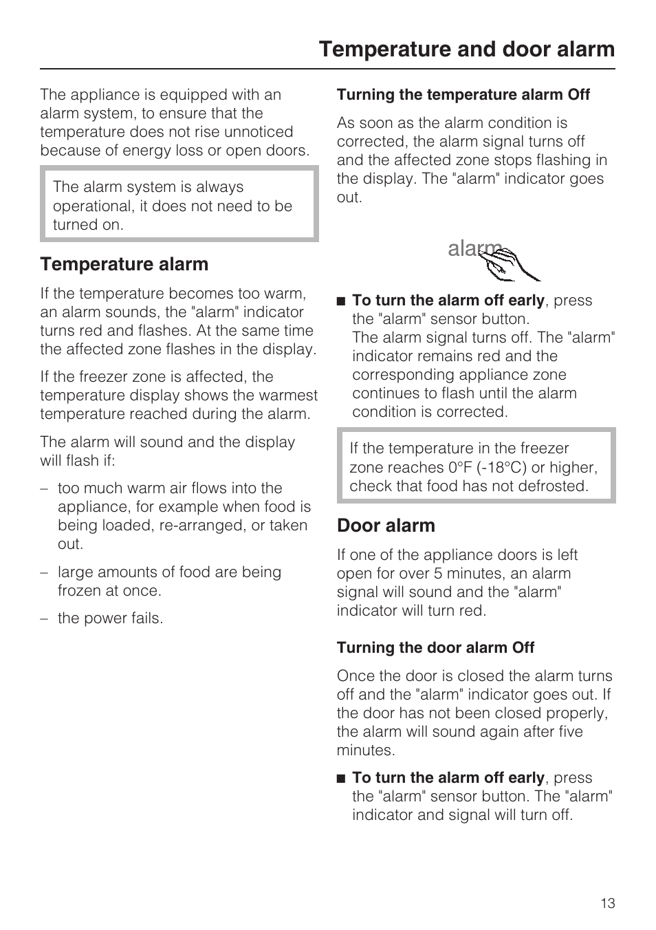 Temperature and door alarm 13, Temperature alarm 13, Door alarm 13 | Temperature and door alarm, Temperature alarm, Door alarm | Miele KF1801SF User Manual | Page 13 / 80