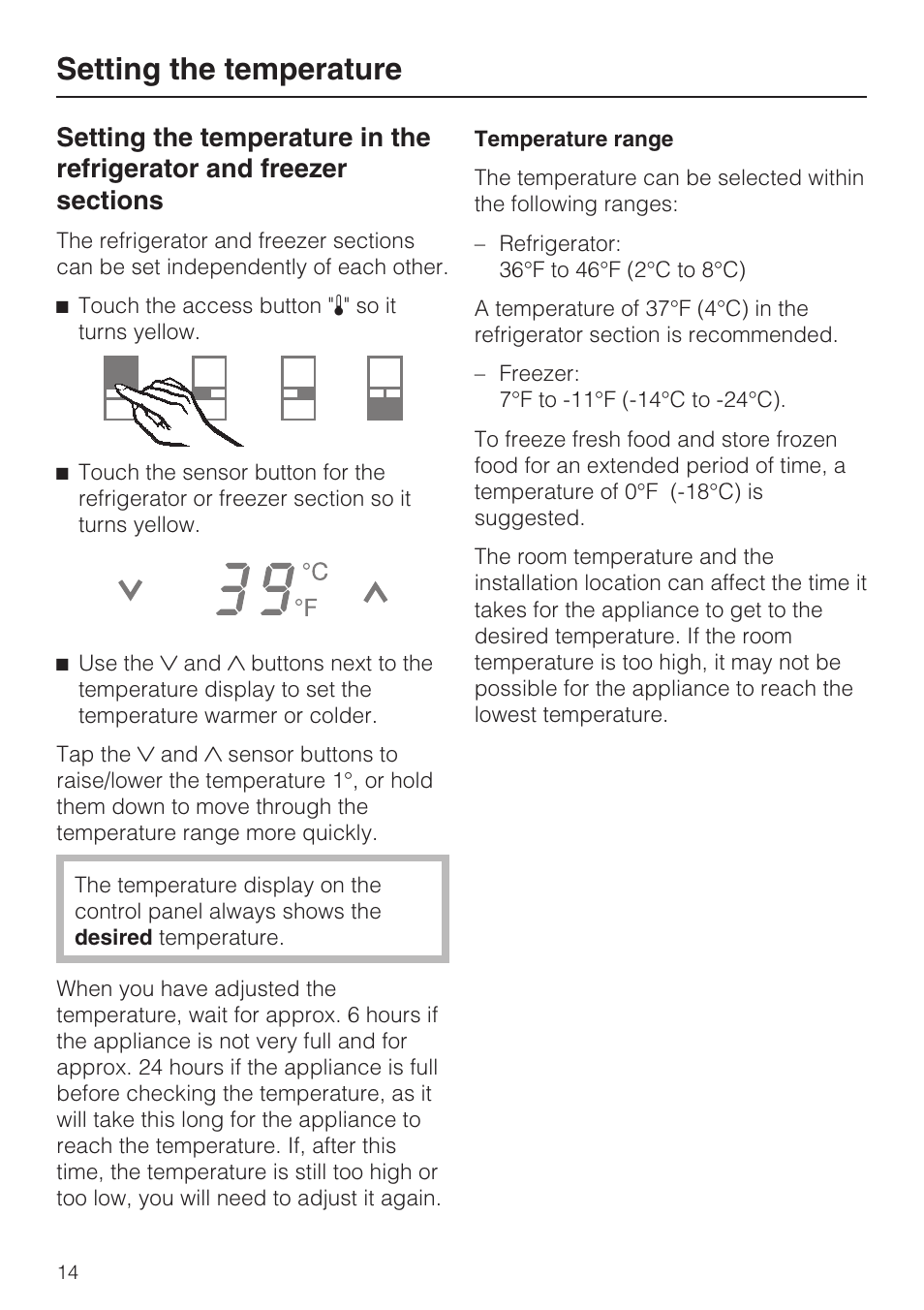 Setting the temperature 14, Setting the temperature | Miele KF1801SF User Manual | Page 14 / 80