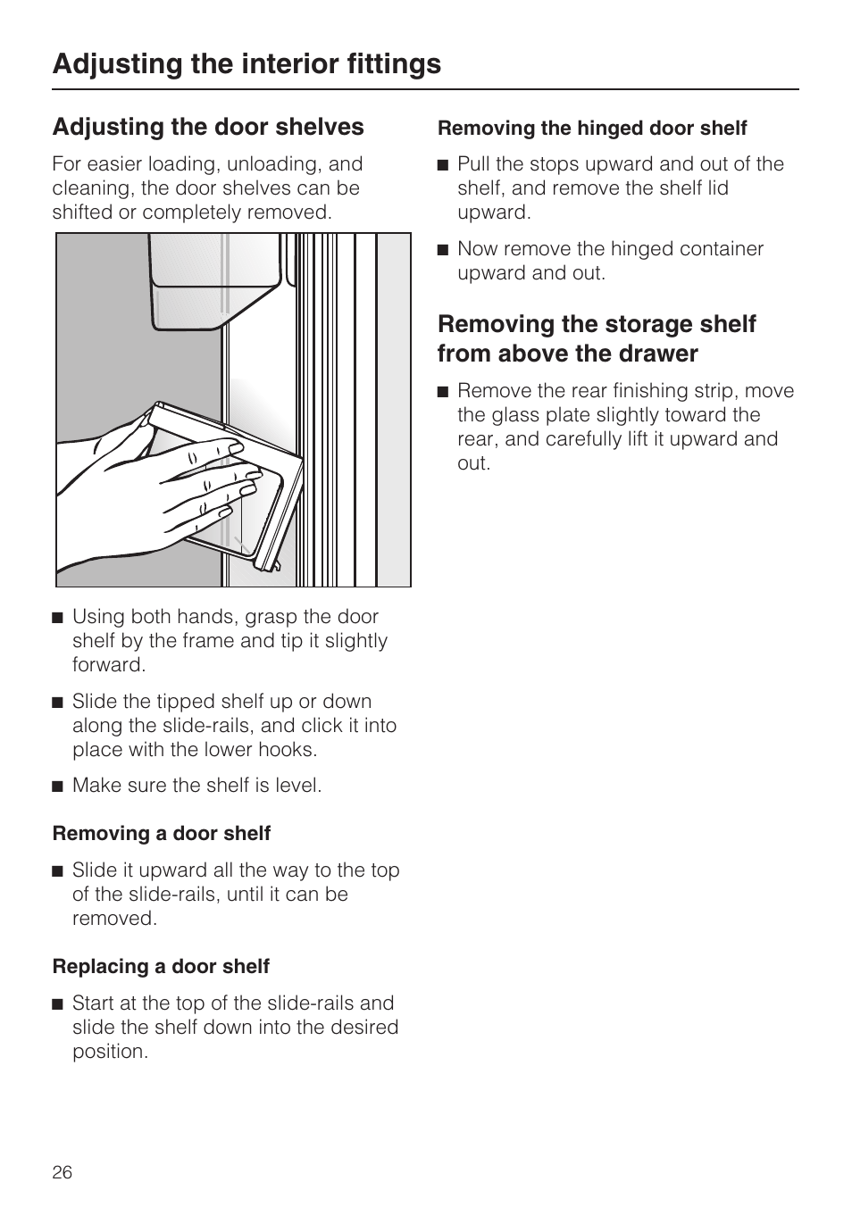 Adjusting the interior fittings, Adjusting the door shelves, Removing the storage shelf from above the drawer | Miele KF1801SF User Manual | Page 26 / 80