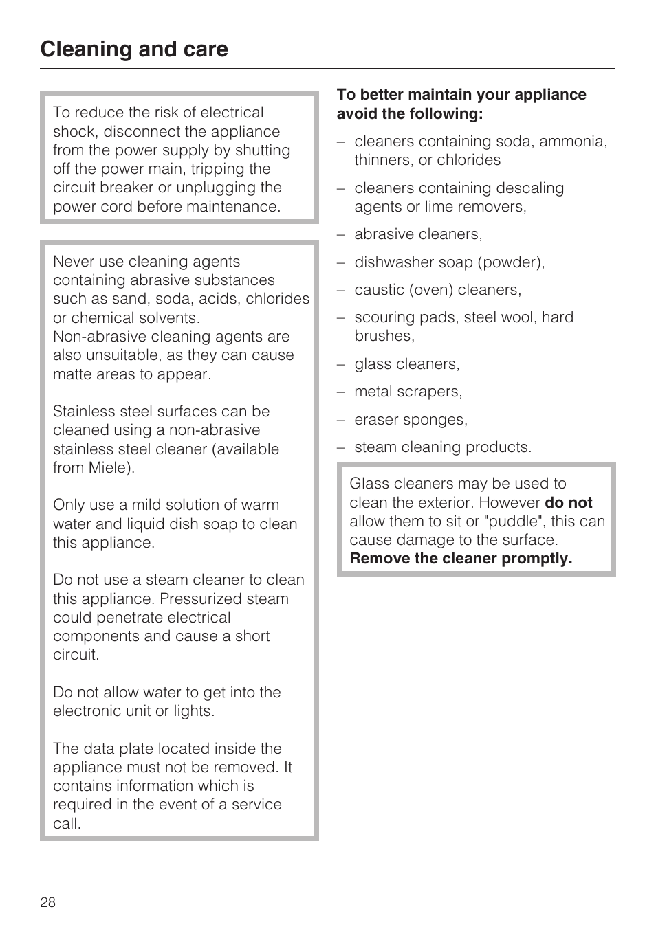 Cleaning and care 28, Cleaning and care | Miele KF1801SF User Manual | Page 28 / 80