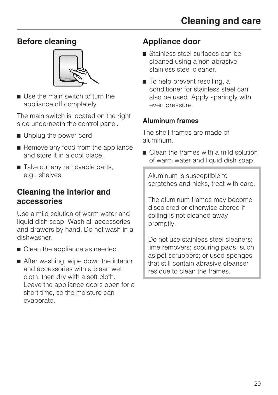 Cleaning the interior and accessories 29, Appliance door 29, Cleaning and care | Before cleaning, Cleaning the interior and accessories, Appliance door | Miele KF1801SF User Manual | Page 29 / 80
