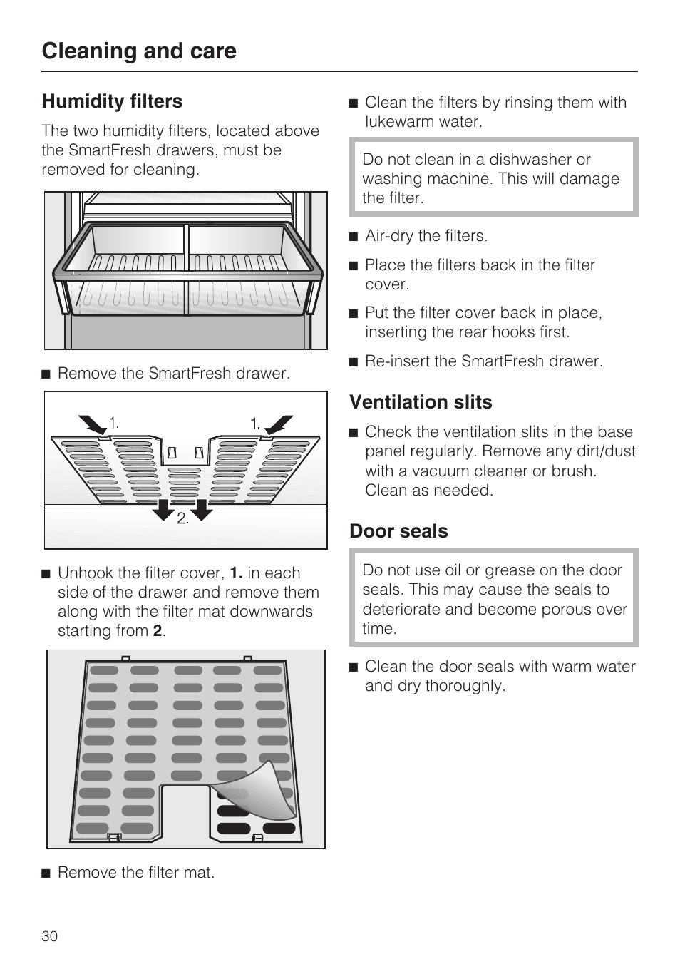 Humidity filters 30, Ventilation slits 30, Door seals 30 | Cleaning and care, Humidity filters, Ventilation slits, Door seals | Miele KF1801SF User Manual | Page 30 / 80