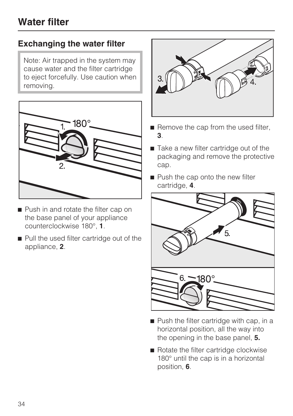 Exchanging the water filter 34, Water filter, Exchanging the water filter | Miele KF1801SF User Manual | Page 34 / 80