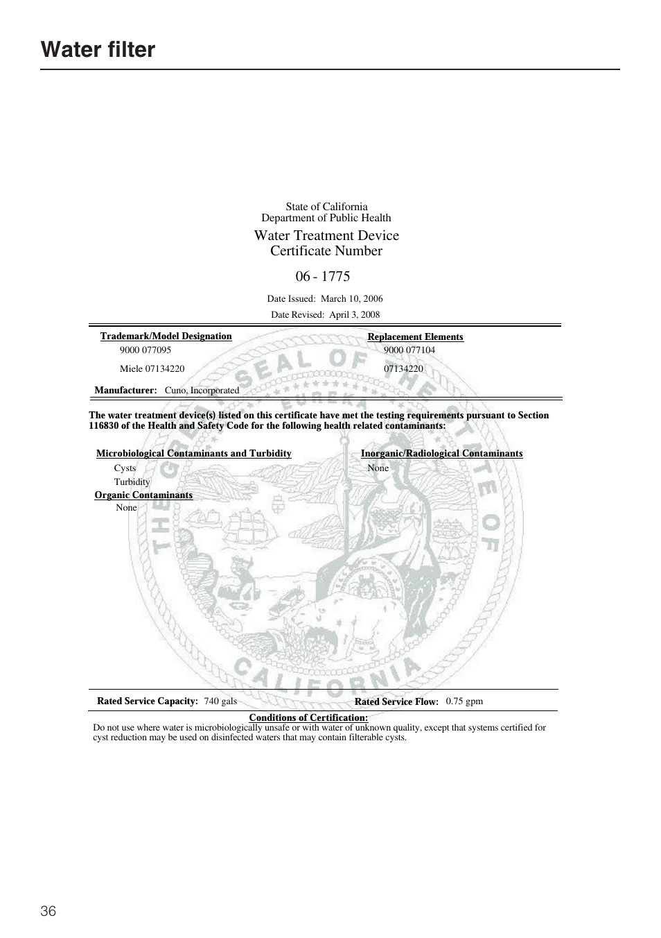 Water filter, Water treatment device certificate number | Miele KF1801SF User Manual | Page 36 / 80