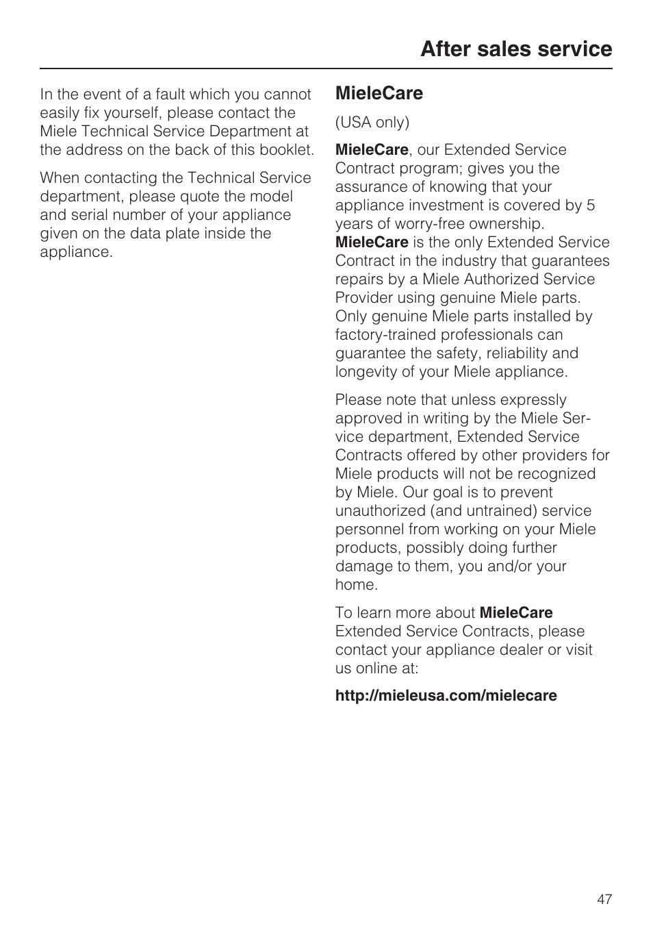 After sales service 47, After sales service, Mielecare | Miele KF1801SF User Manual | Page 47 / 80