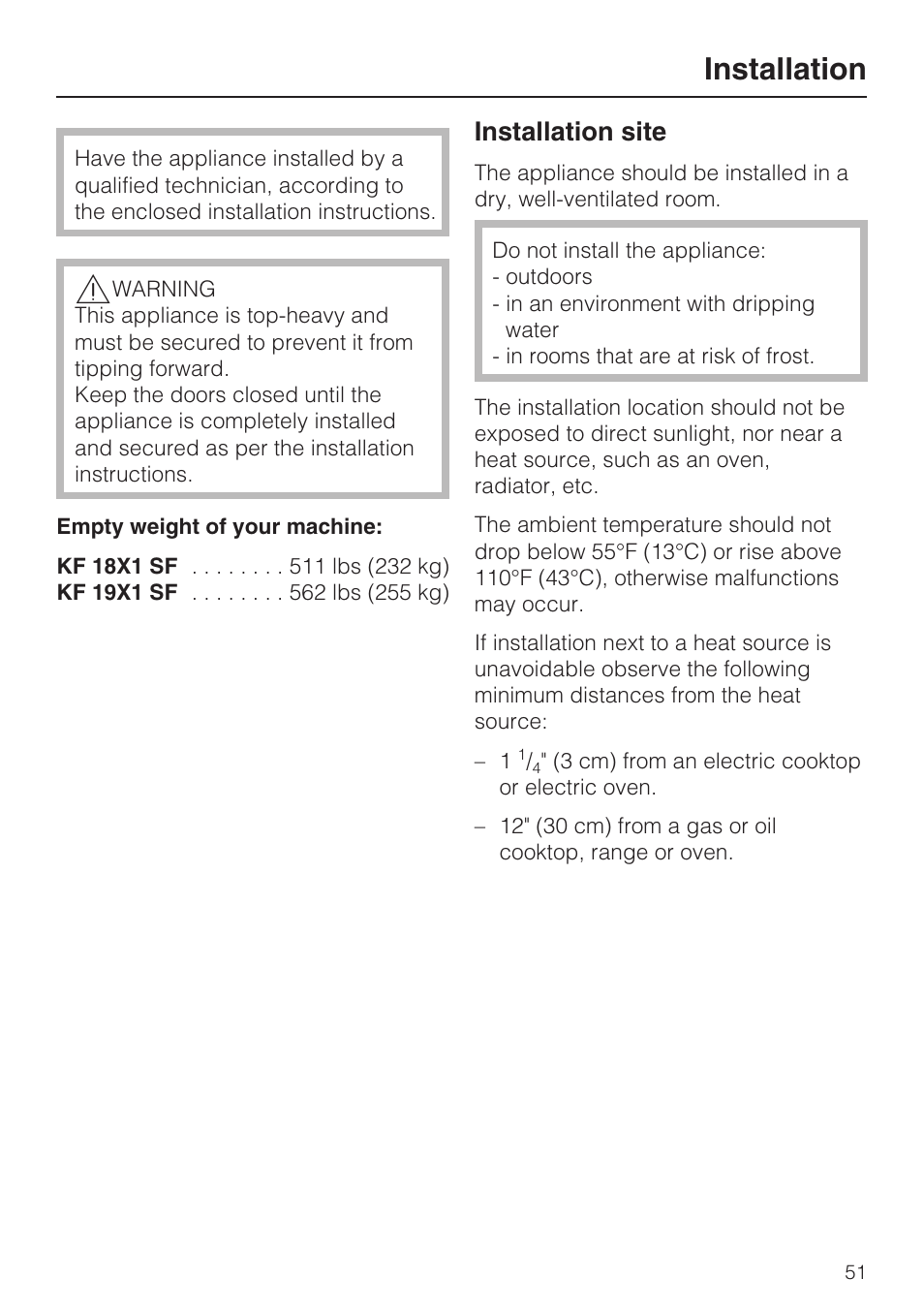 Installation 51, Installation site 51, Installation | Installation site | Miele KF1801SF User Manual | Page 51 / 80