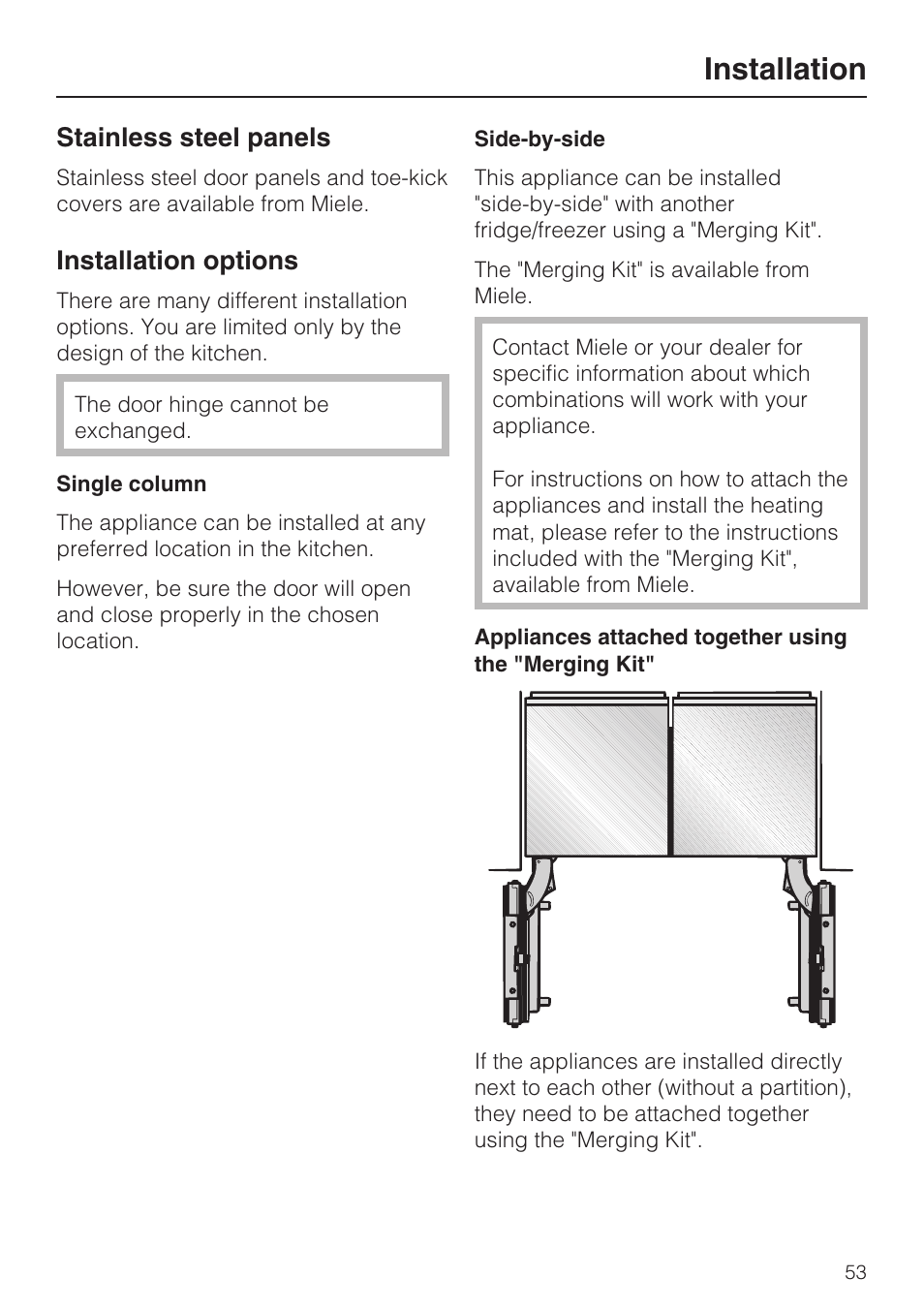 Stainless steel panels 53, Installation options 53, Installation | Stainless steel panels, Installation options | Miele KF1801SF User Manual | Page 53 / 80