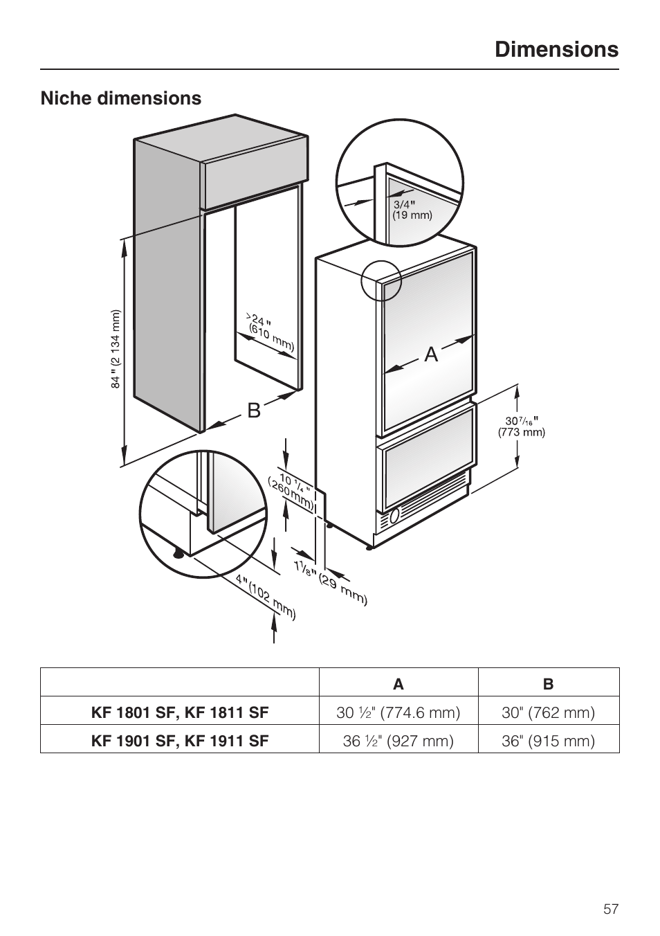 Dimensions, Niche dimensions | Miele KF1801SF User Manual | Page 57 / 80