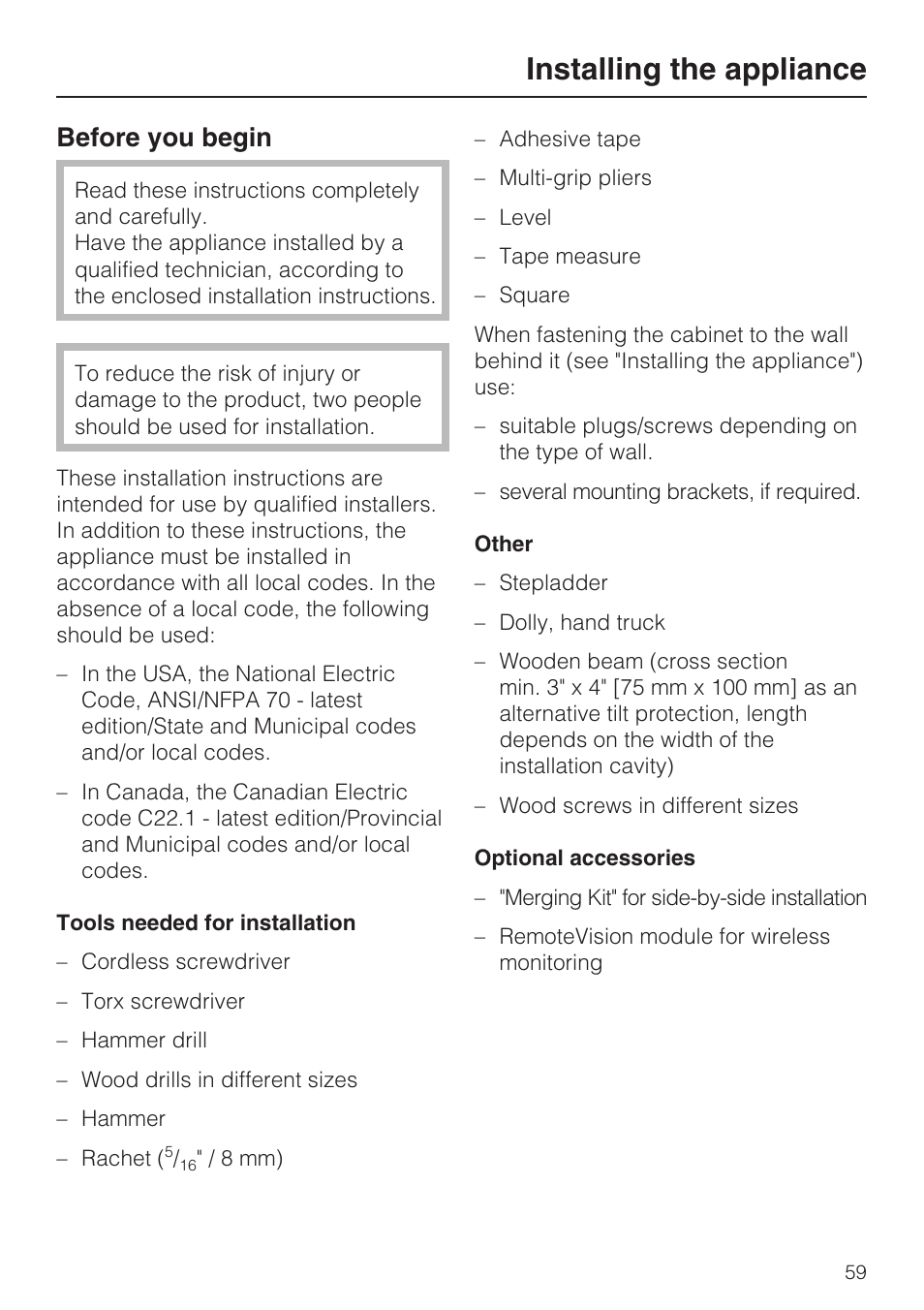 Installing the appliance 59, Before you begin 59, Installing the appliance | Before you begin | Miele KF1801SF User Manual | Page 59 / 80