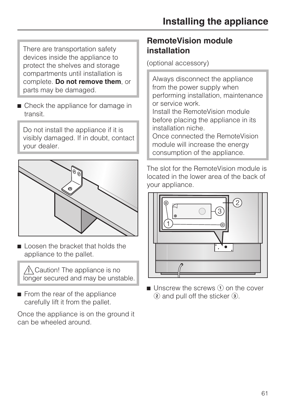 Remotevision module installation 61, Installing the appliance, Remotevision module installation | Miele KF1801SF User Manual | Page 61 / 80