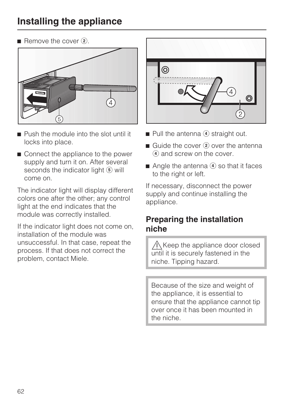 Preparing the installation niche 62, Installing the appliance, Preparing the installation niche | Miele KF1801SF User Manual | Page 62 / 80