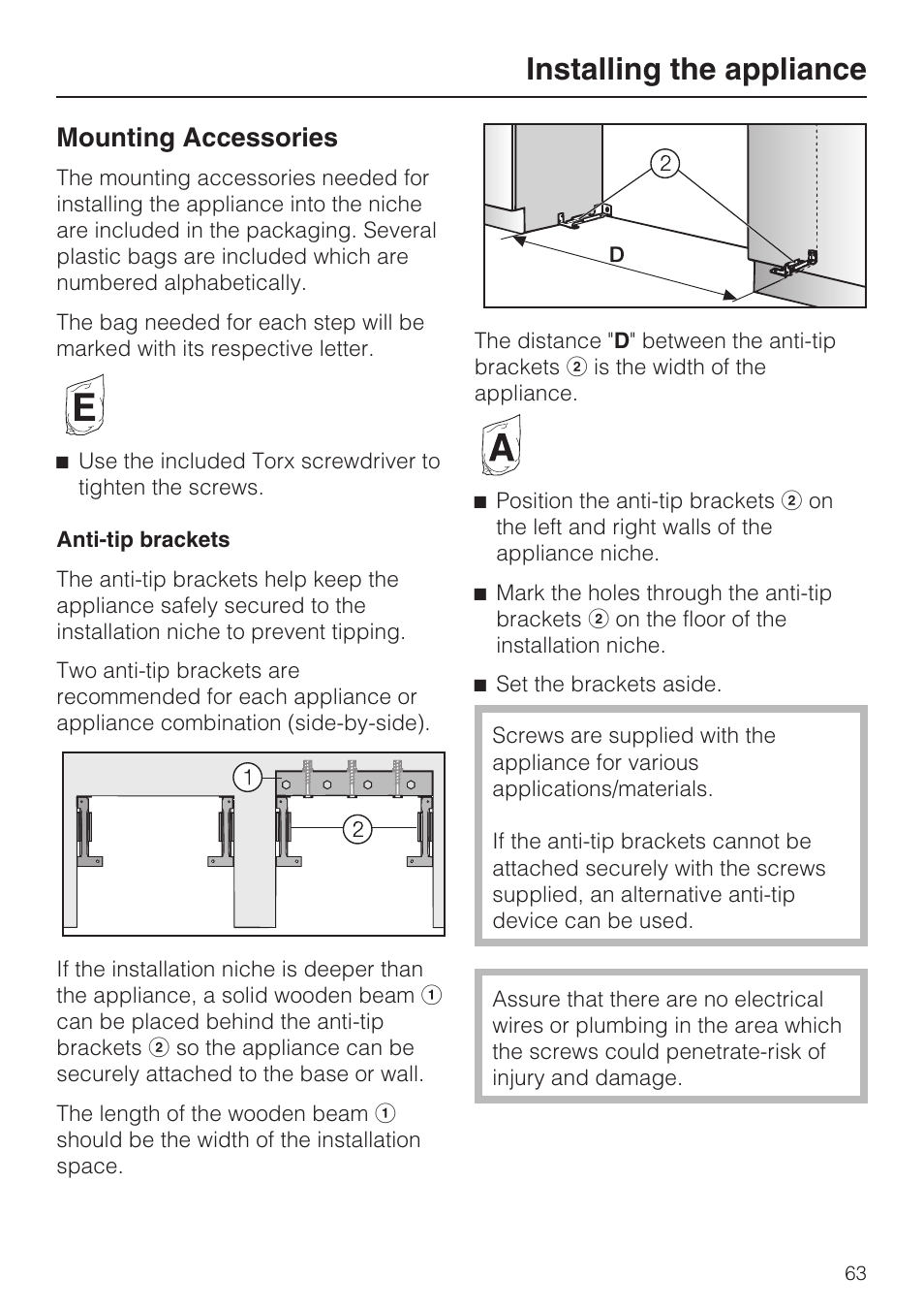 Installing the appliance, Mounting accessories | Miele KF1801SF User Manual | Page 63 / 80