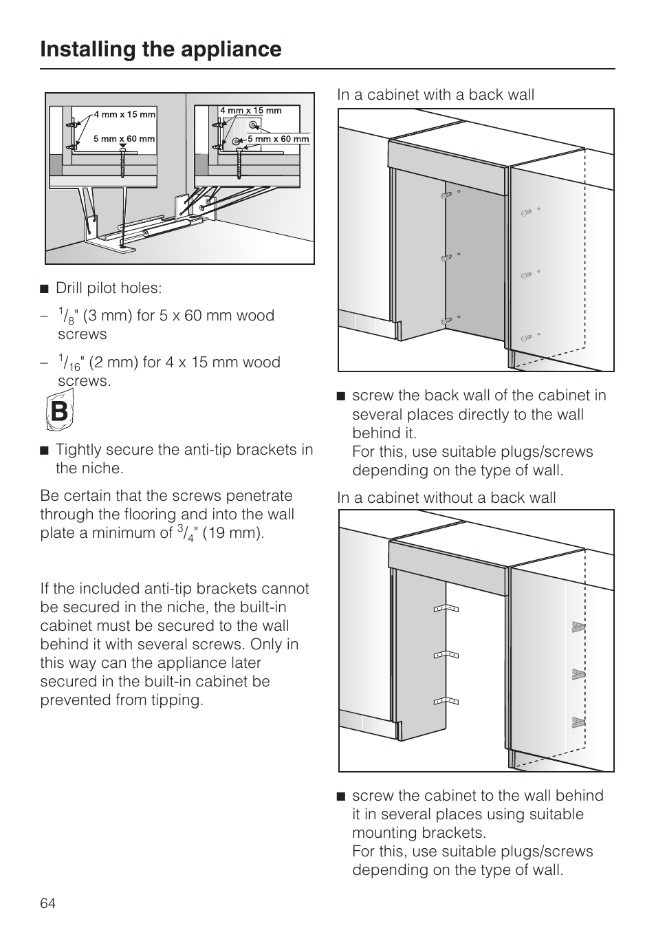 Installing the appliance | Miele KF1801SF User Manual | Page 64 / 80