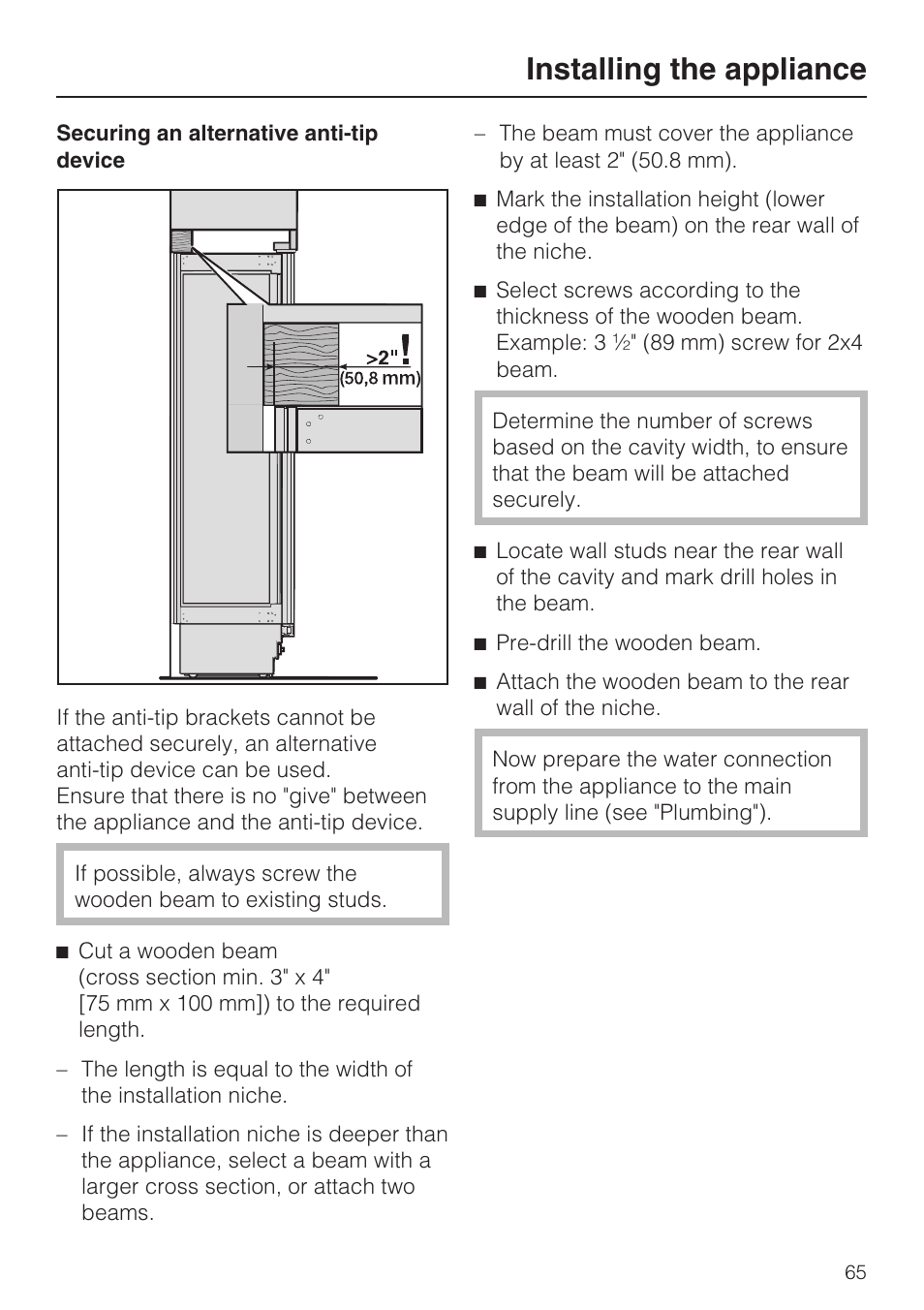 Installing the appliance | Miele KF1801SF User Manual | Page 65 / 80