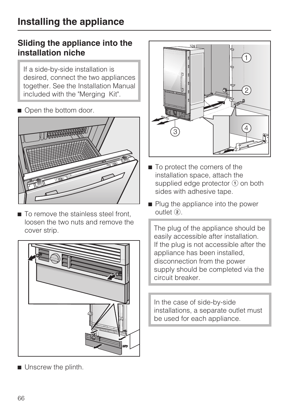 Installing the appliance, Sliding the appliance into the installation niche | Miele KF1801SF User Manual | Page 66 / 80