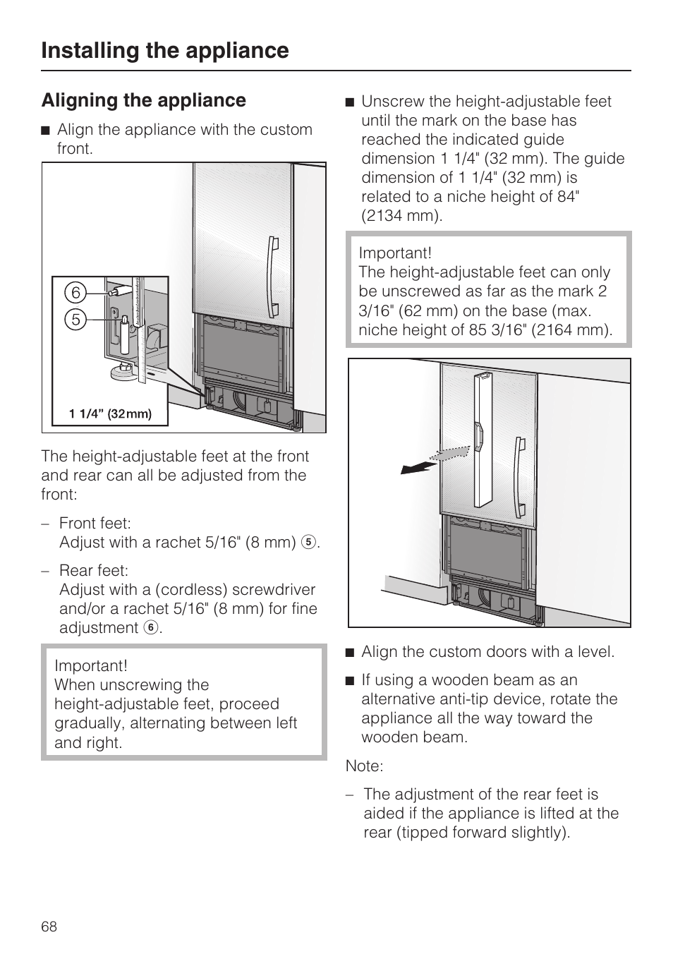 Aligning the appliance 68, Installing the appliance, Aligning the appliance | Miele KF1801SF User Manual | Page 68 / 80