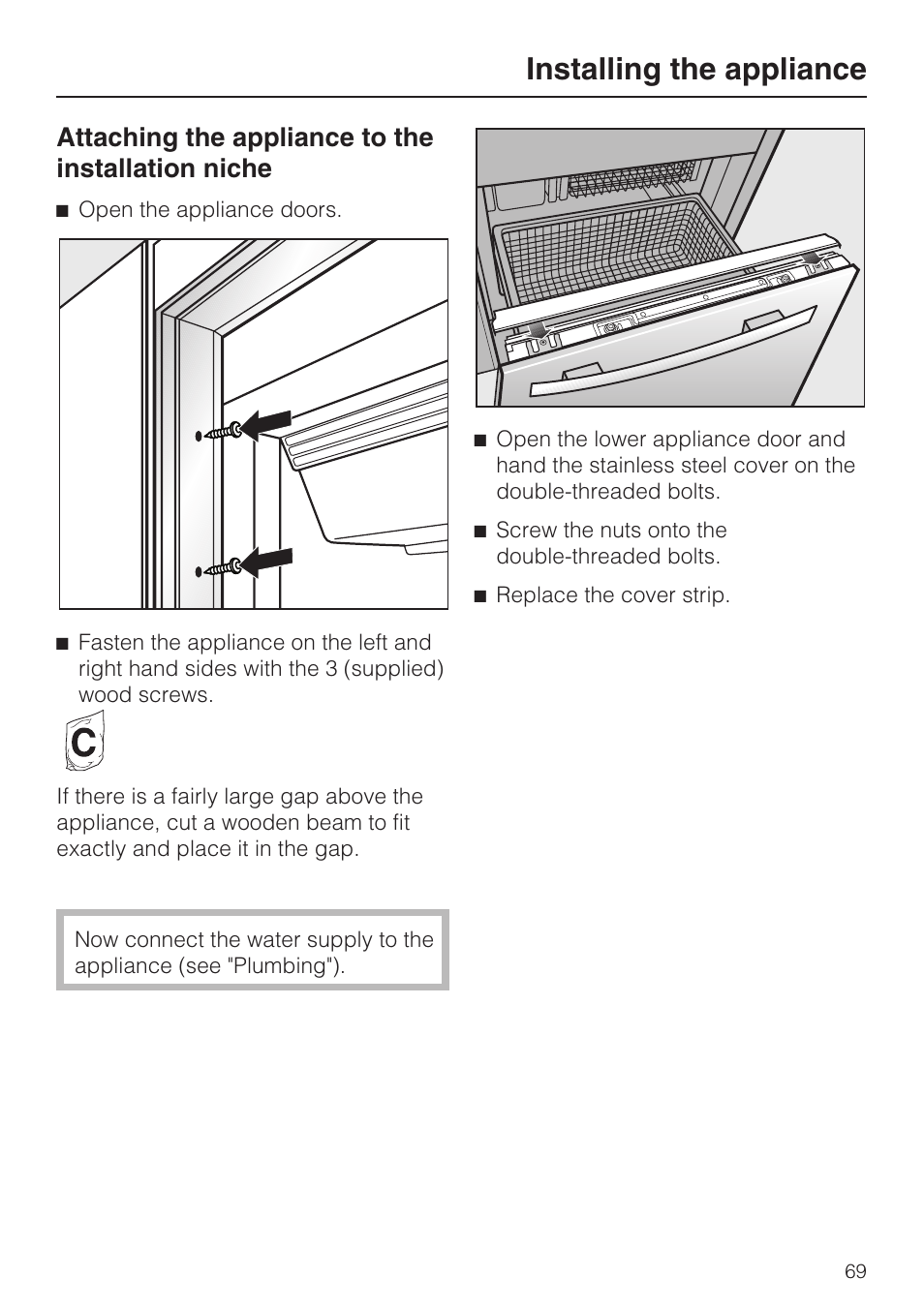 Installing the appliance, Attaching the appliance to the installation niche | Miele KF1801SF User Manual | Page 69 / 80