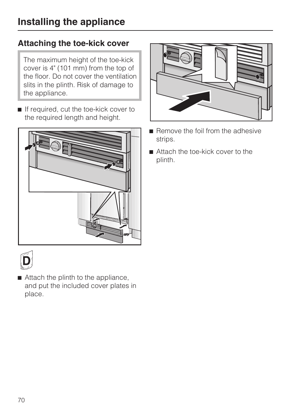 Installing the appliance, Attaching the toe-kick cover | Miele KF1801SF User Manual | Page 70 / 80