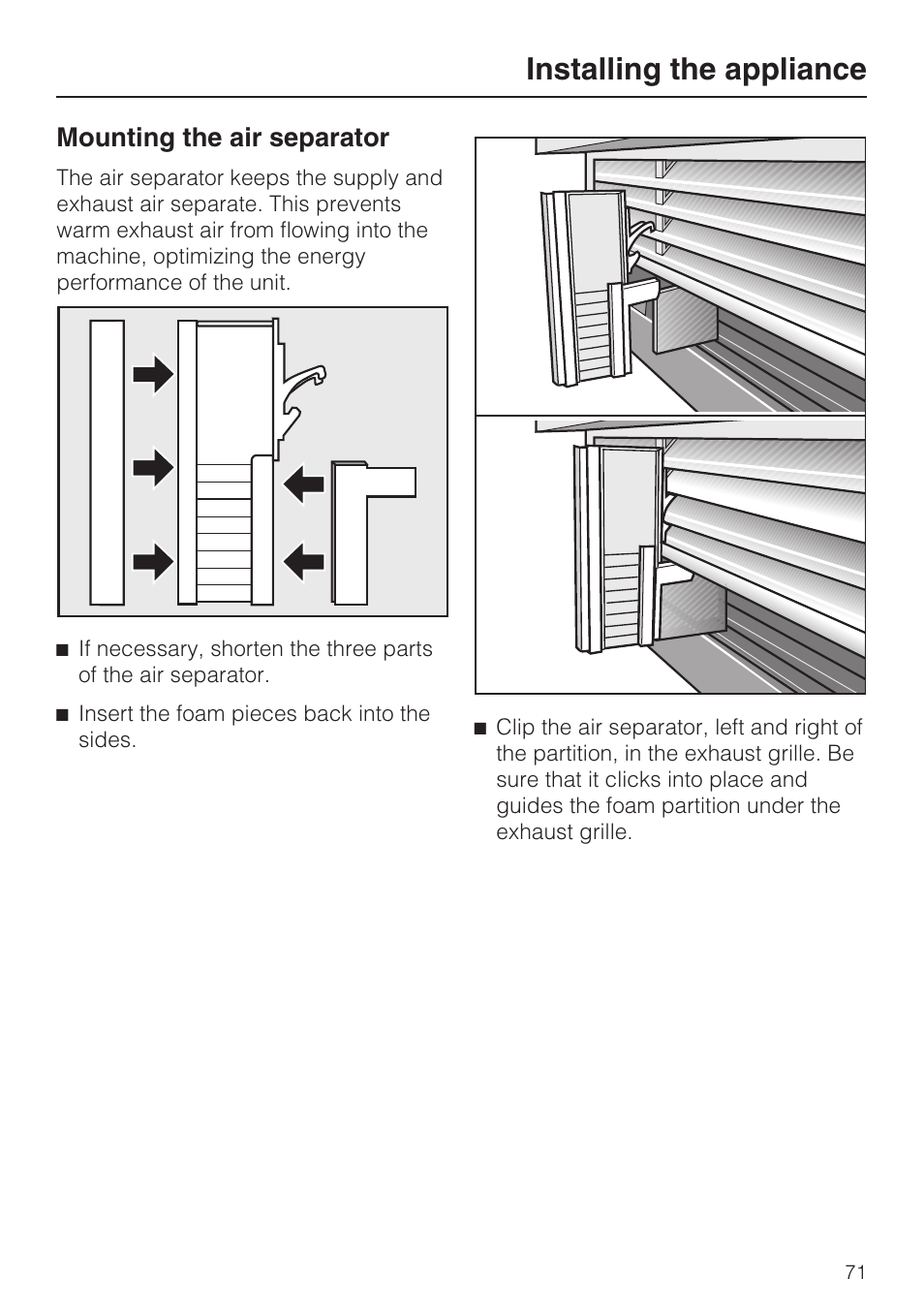 Installing the appliance, Mounting the air separator | Miele KF1801SF User Manual | Page 71 / 80