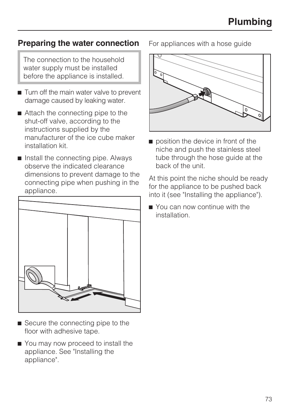 Plumbing, Preparing the water connection | Miele KF1801SF User Manual | Page 73 / 80