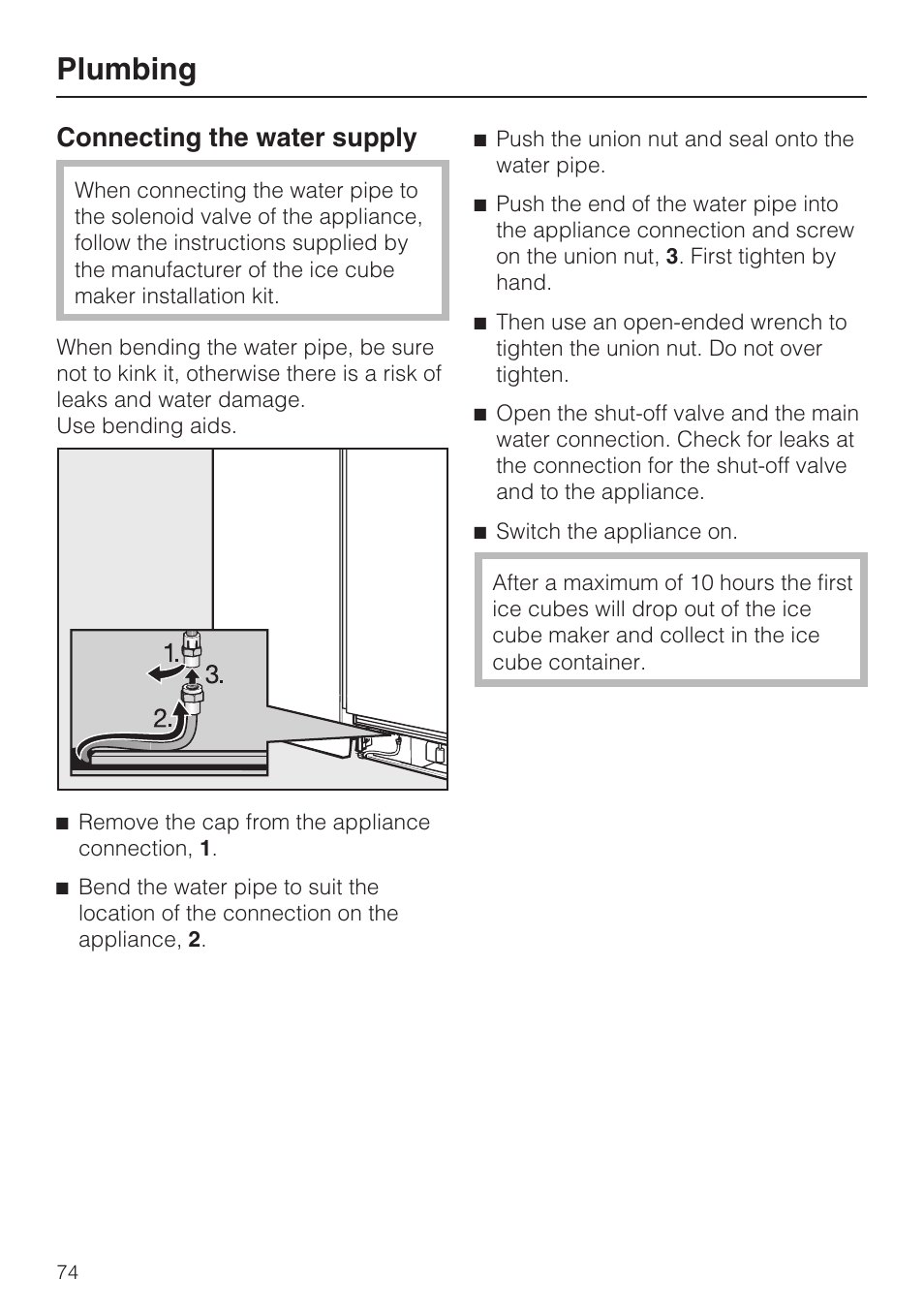 Plumbing, Connecting the water supply | Miele KF1801SF User Manual | Page 74 / 80