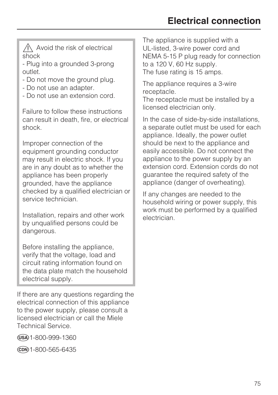 Electrical connection 75, Electrical connection | Miele KF1801SF User Manual | Page 75 / 80
