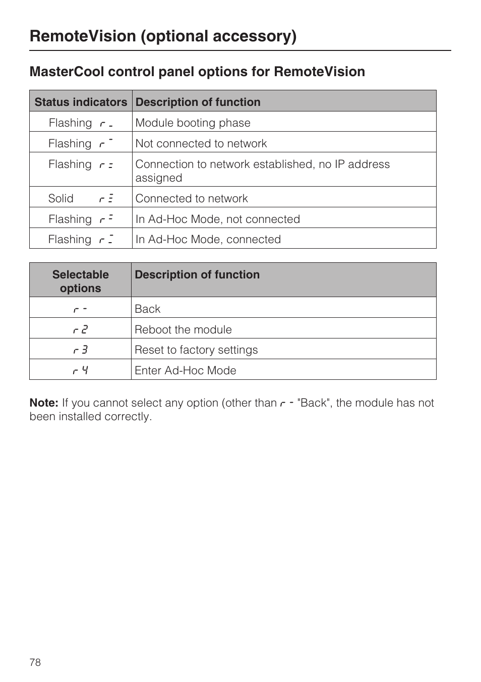 Remotevision (optional accessory), Mastercool control panel options for remotevision | Miele KF1801SF User Manual | Page 78 / 80