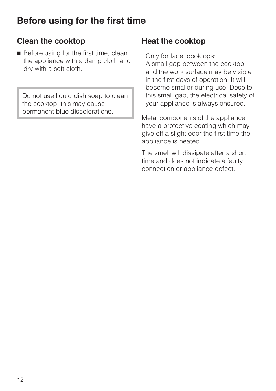 Before using for the first time 12, Clean the cooktop 12, Heat the cooktop 12 | Before using for the first time | Miele KM 5820 User Manual | Page 12 / 52