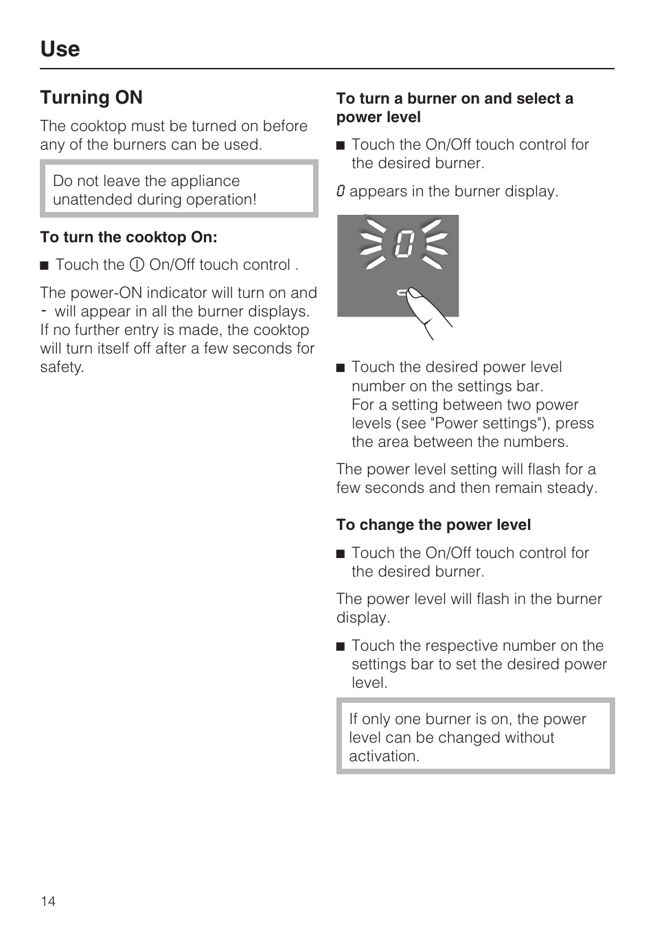 Use 14, Turning on 14, Turning on | Miele KM 5820 User Manual | Page 14 / 52