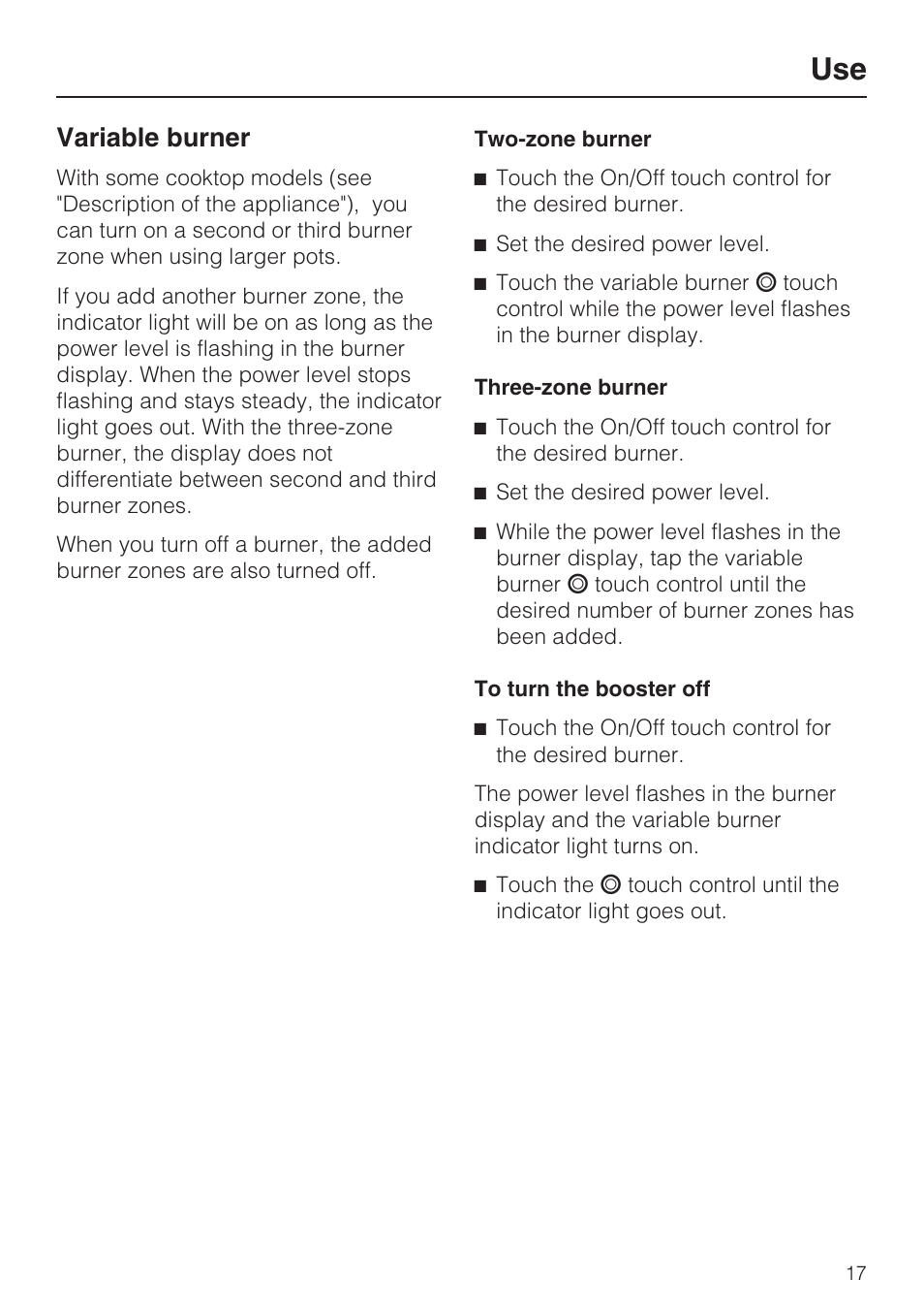 Variable burner 17, Variable burner | Miele KM 5820 User Manual | Page 17 / 52