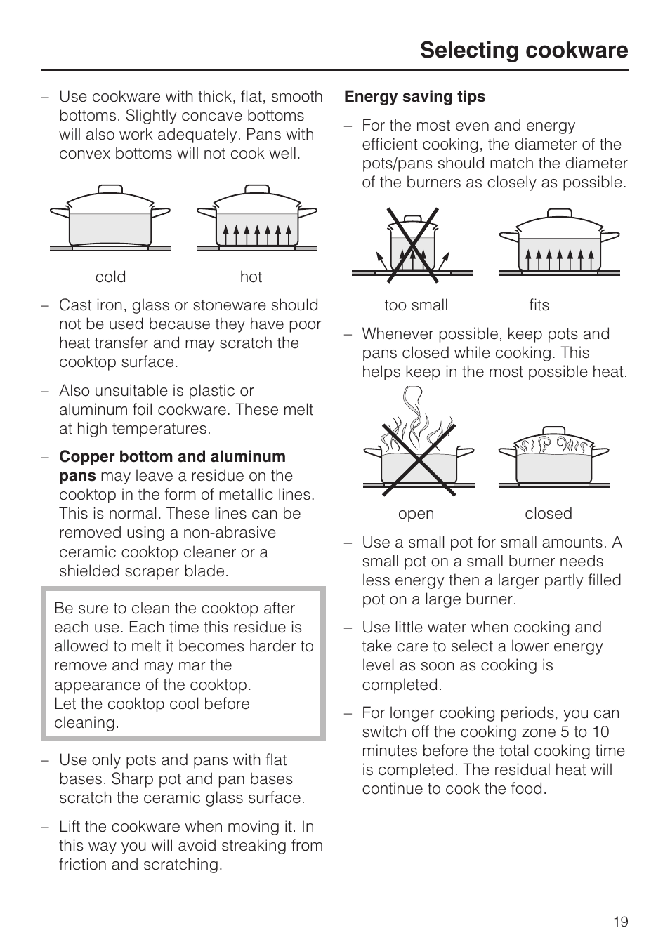 Selecting cookware 19, Selecting cookware | Miele KM 5820 User Manual | Page 19 / 52