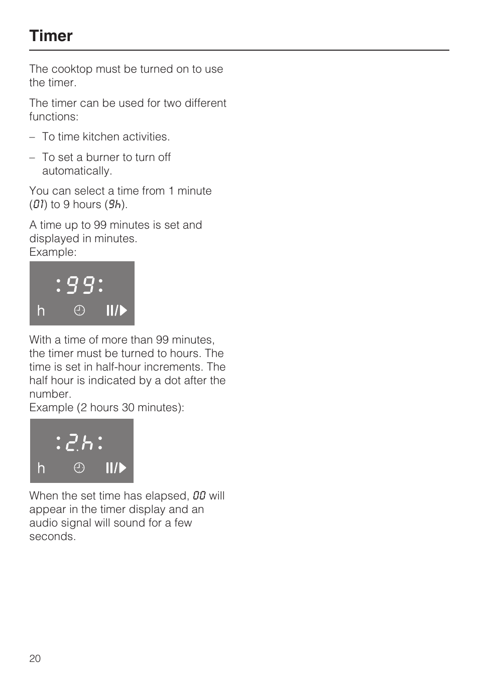 Timer 20, Timer | Miele KM 5820 User Manual | Page 20 / 52