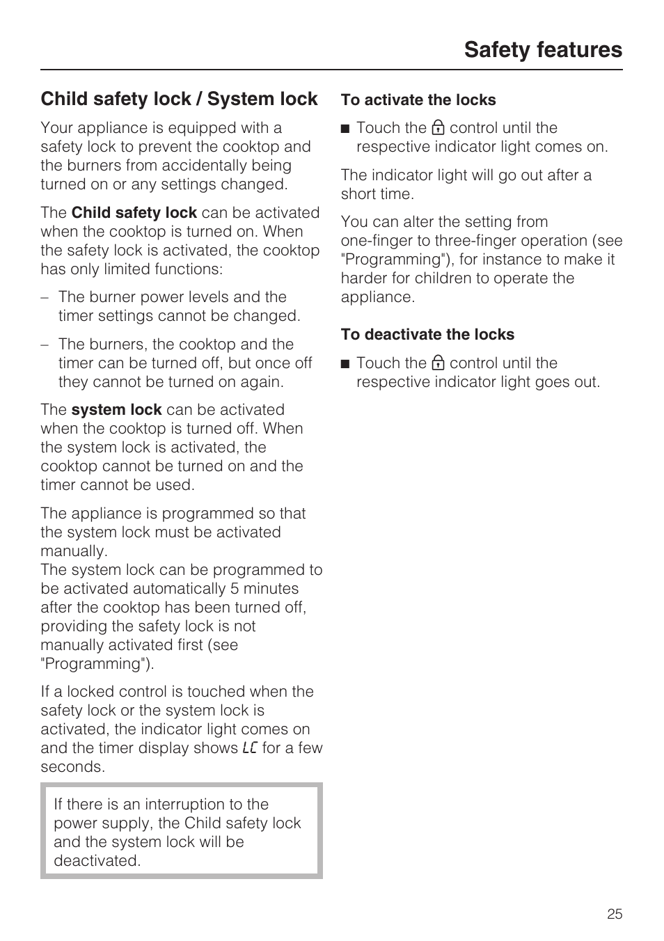 Safety features 25, Child safety lock / system lock 25, Safety features | Child safety lock / system lock | Miele KM 5820 User Manual | Page 25 / 52