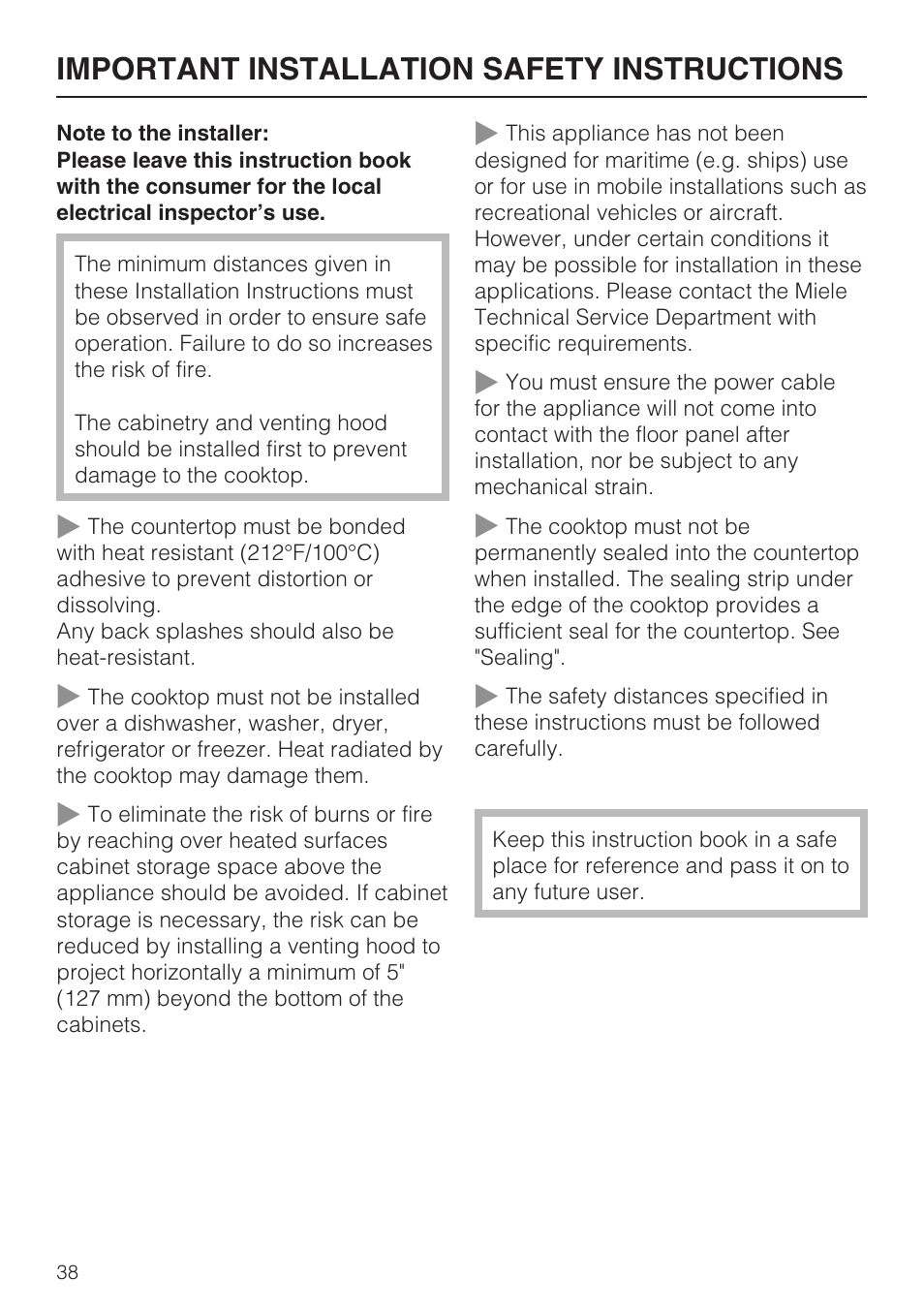 Important installation safety instructions 38, Important installation safety instructions | Miele KM 5820 User Manual | Page 38 / 52