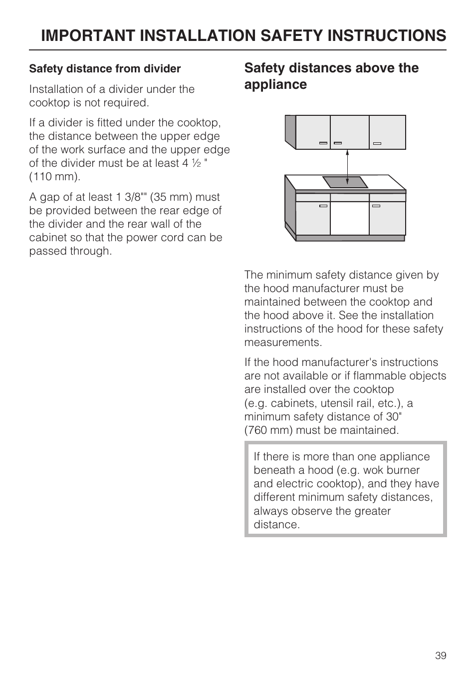 Important installation safety instructions, Safety distances above the appliance | Miele KM 5820 User Manual | Page 39 / 52