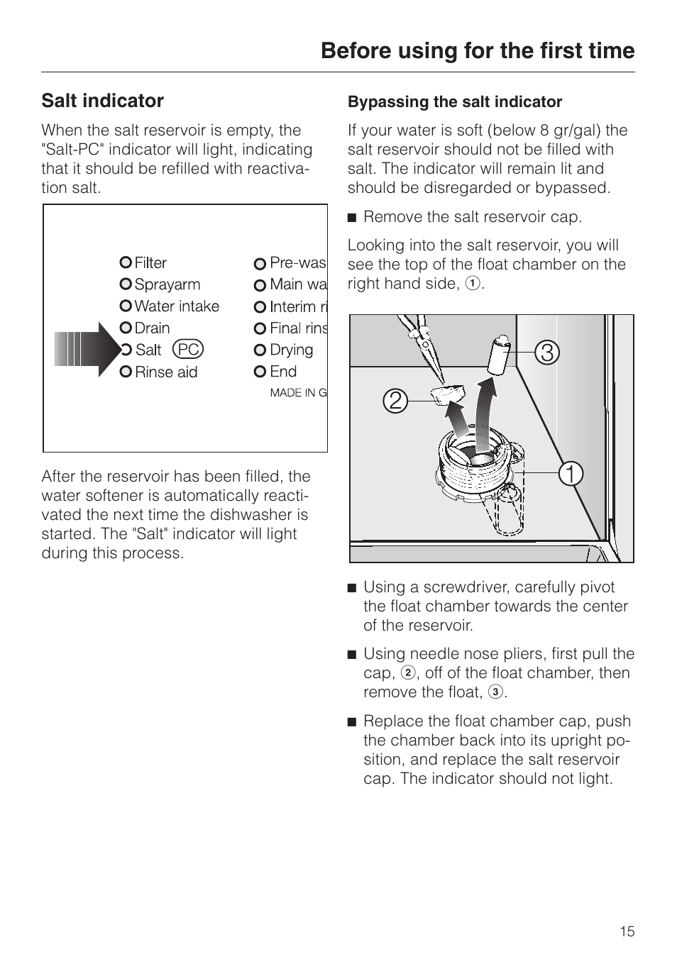 Salt indicator 15, Salt indicator, Before using for the first time | Miele TOUCHTRONIC PREMIER PLUS HG01 User Manual | Page 15 / 56