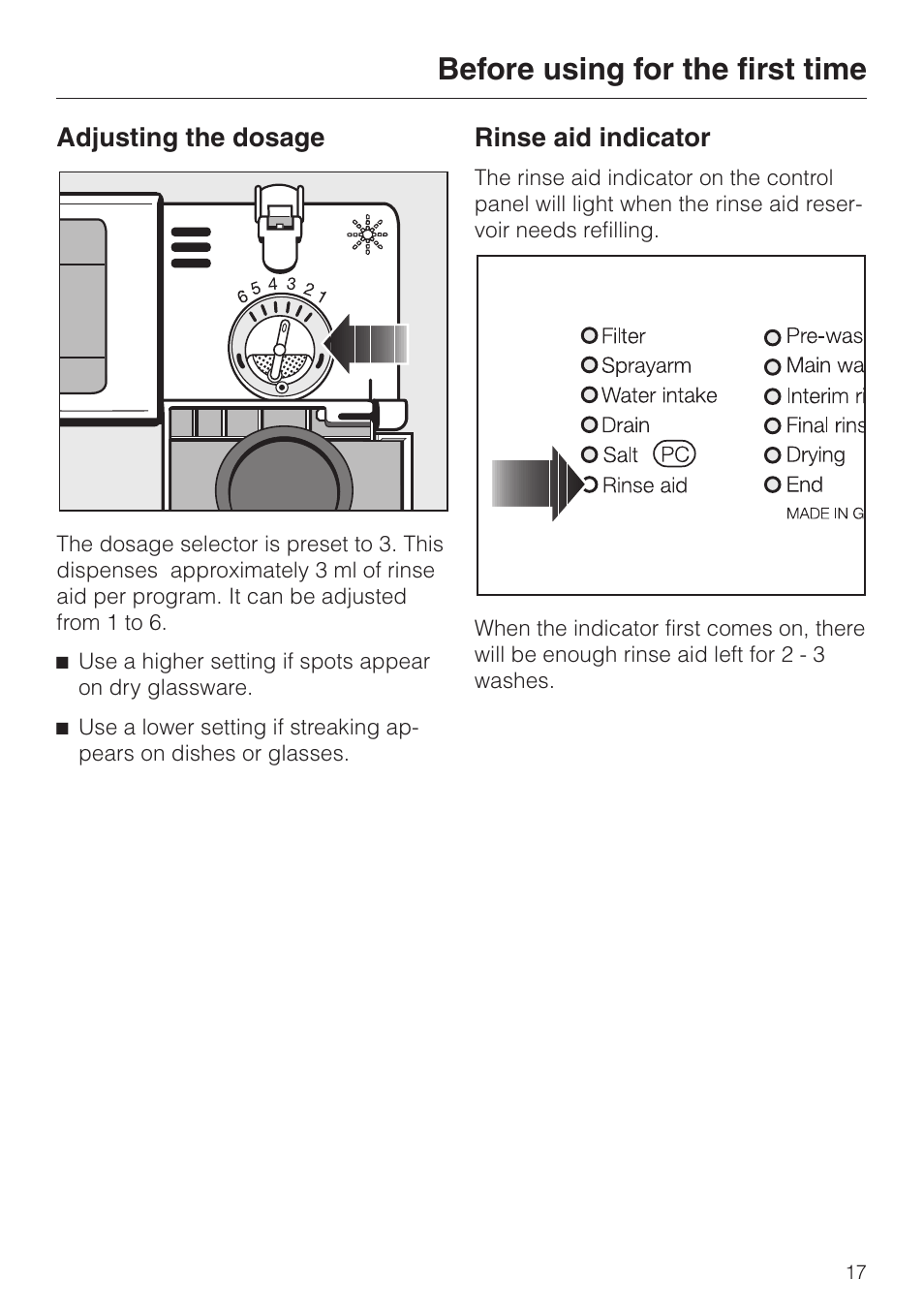 Adjusting the dosage 17, Rinse aid indicator 17, Adjusting the dosage rinse aid indicator | Before using for the first time, Adjusting the dosage, Rinse aid indicator | Miele TOUCHTRONIC PREMIER PLUS HG01 User Manual | Page 17 / 56