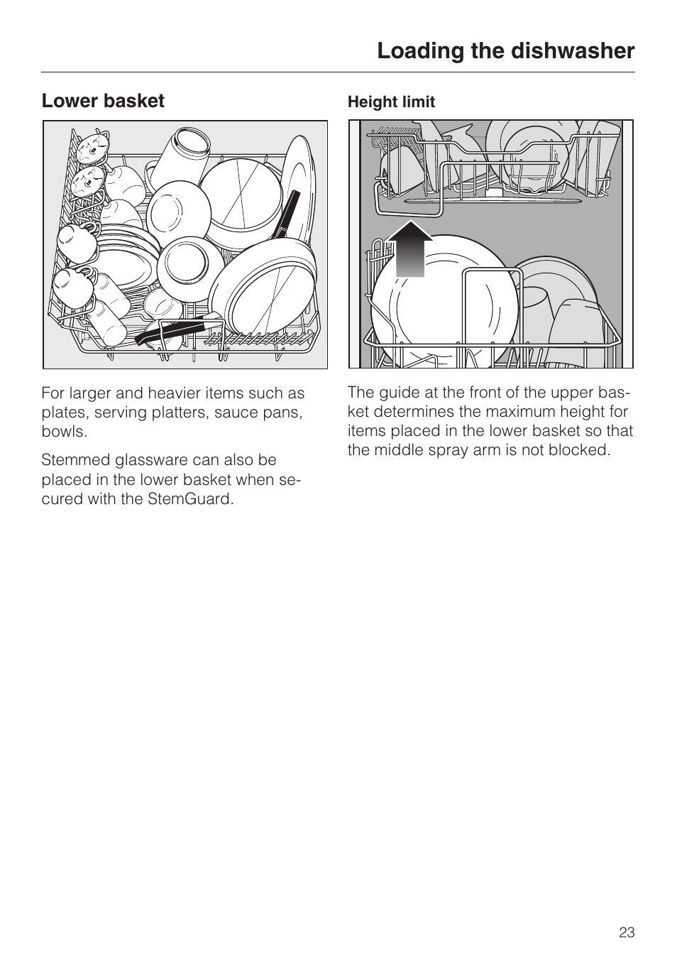 Lower basket 23, Lower basket, Loading the dishwasher | Miele TOUCHTRONIC PREMIER PLUS HG01 User Manual | Page 23 / 56