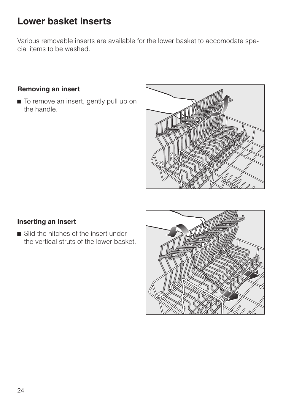 Lower basket inserts 24, Removing an insert 24, Inserting an insert 24 | Lower basket inserts, Removing an insert inserting an insert | Miele TOUCHTRONIC PREMIER PLUS HG01 User Manual | Page 24 / 56