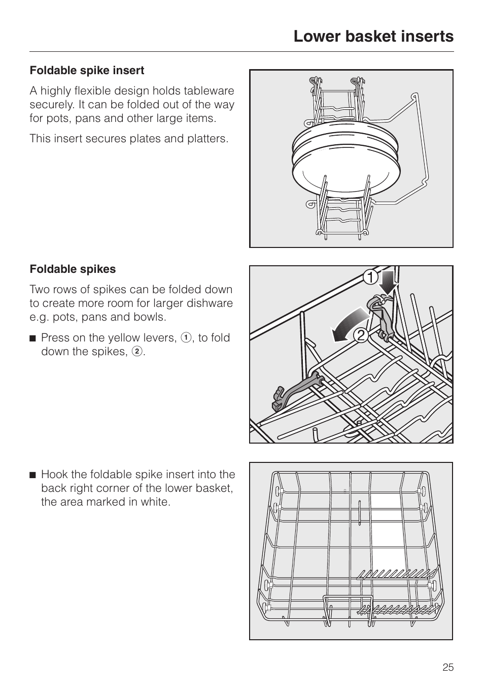 Foldable spike insert 25, Foldable spike insert, Lower basket inserts | Miele TOUCHTRONIC PREMIER PLUS HG01 User Manual | Page 25 / 56