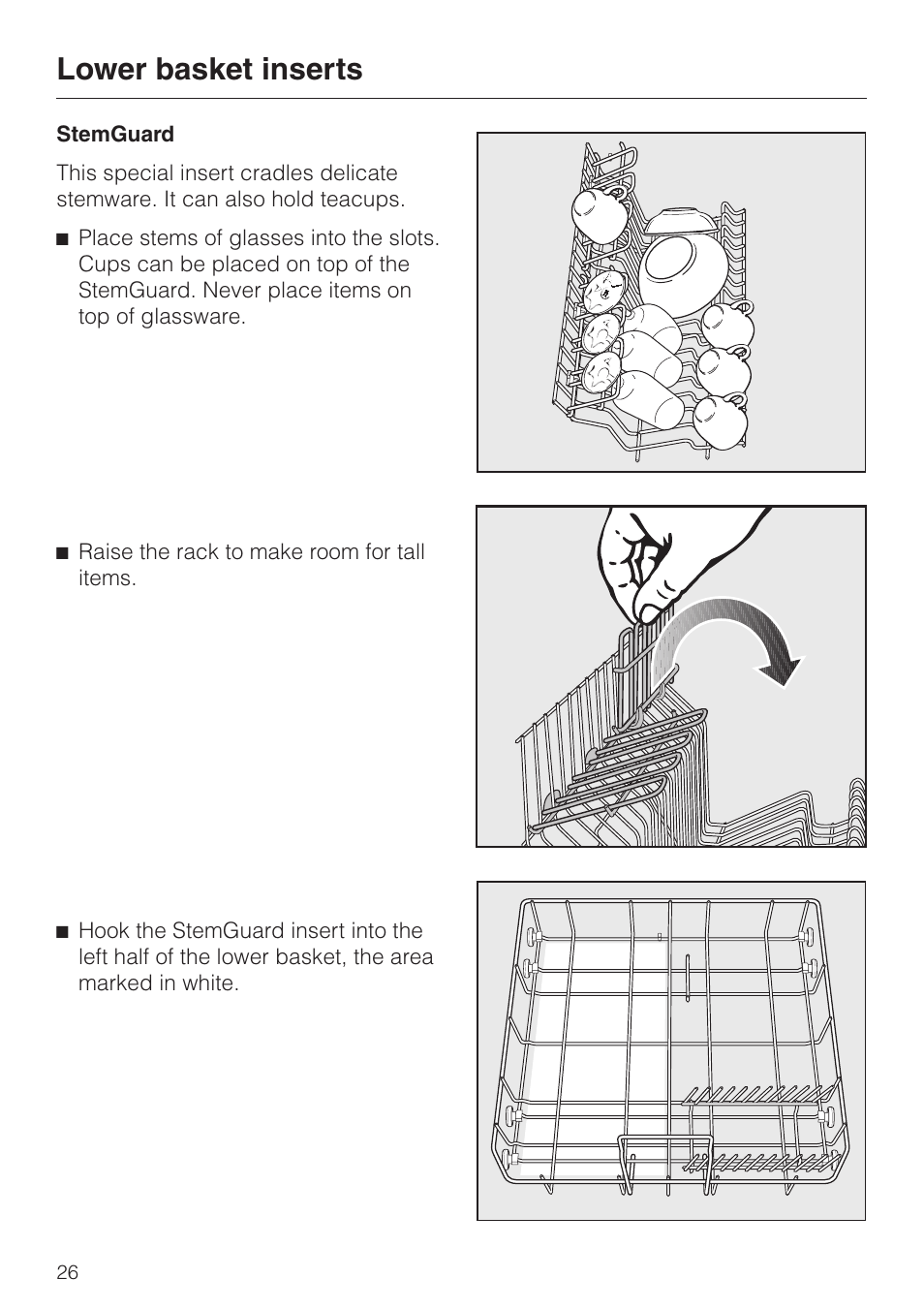 Stemguard 26, Stemguard, Lower basket inserts | Miele TOUCHTRONIC PREMIER PLUS HG01 User Manual | Page 26 / 56