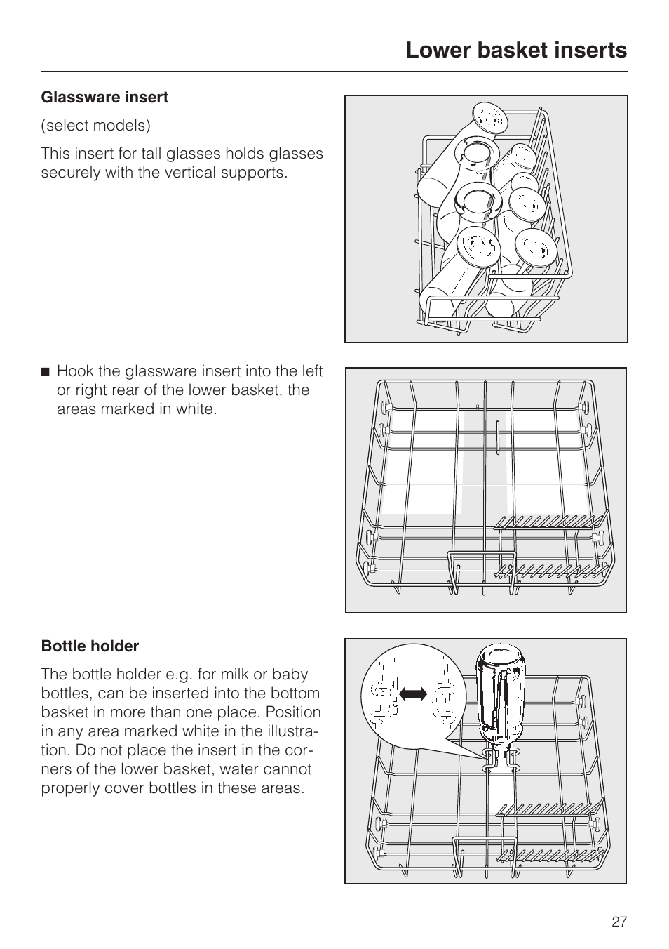 Glassware insert 27, Bottle holder 27, Glassware insert bottle holder | Lower basket inserts | Miele TOUCHTRONIC PREMIER PLUS HG01 User Manual | Page 27 / 56