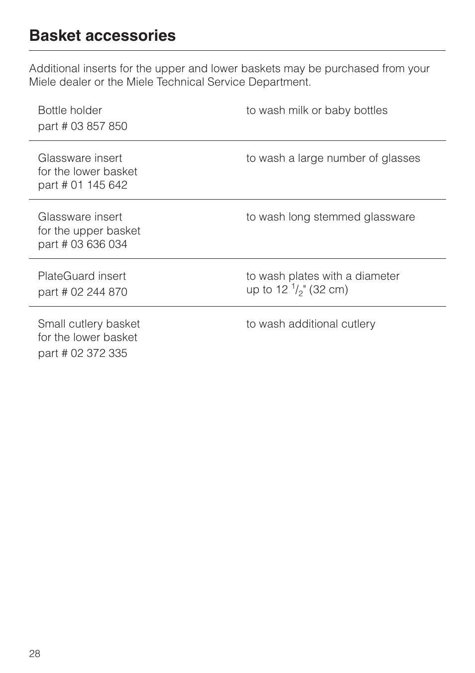 Basket accessories 28, Basket accessories | Miele TOUCHTRONIC PREMIER PLUS HG01 User Manual | Page 28 / 56