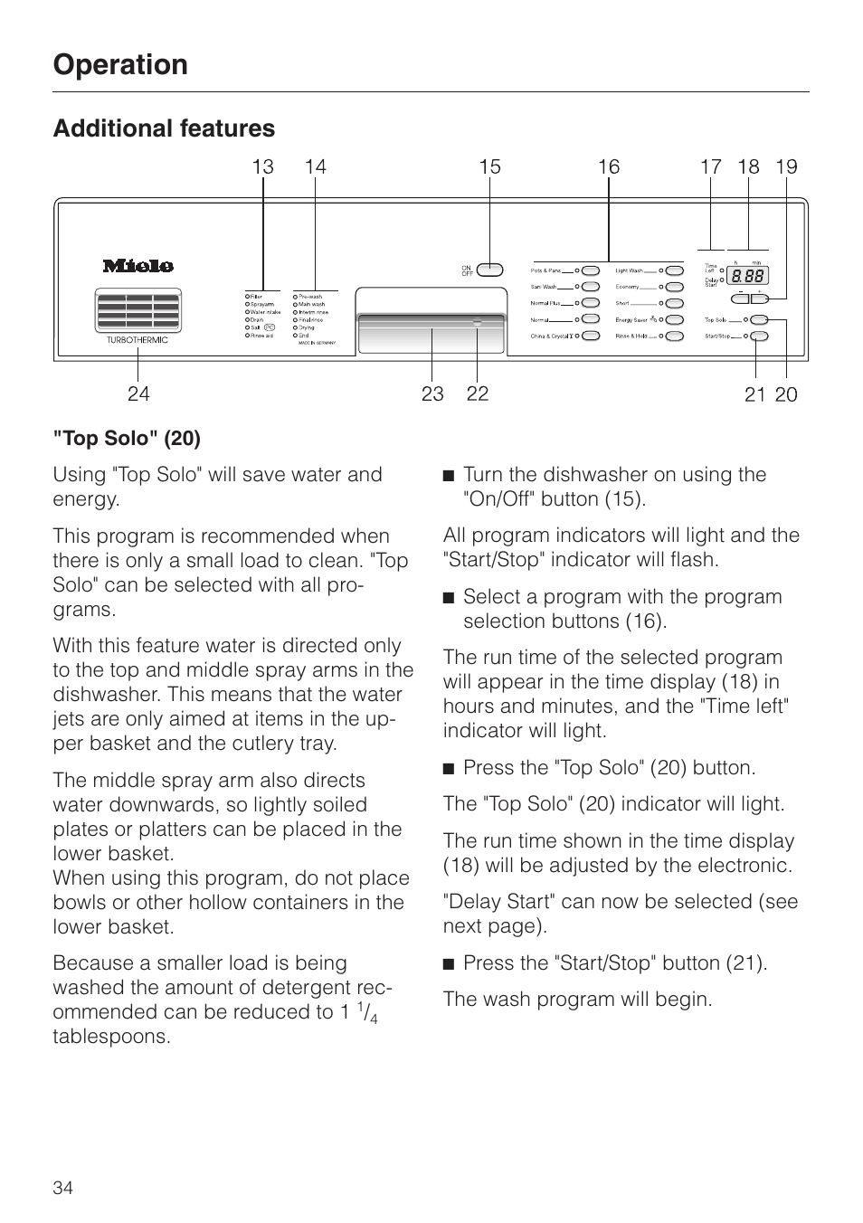 Additional features 34, Top solo" (20) 34, Additional features | Top solo" (20), Operation | Miele TOUCHTRONIC PREMIER PLUS HG01 User Manual | Page 34 / 56