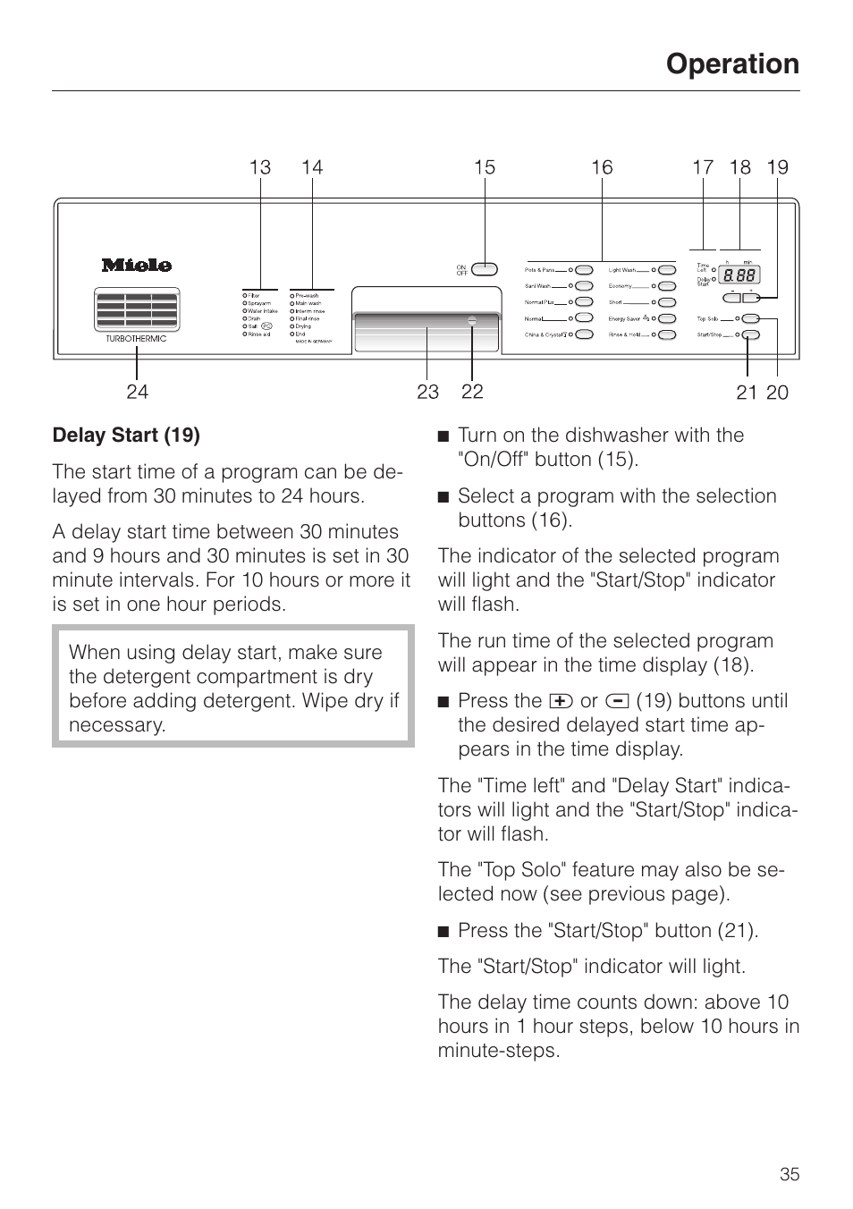 Delay start (19) 35, Delay start (19), Operation | Miele TOUCHTRONIC PREMIER PLUS HG01 User Manual | Page 35 / 56
