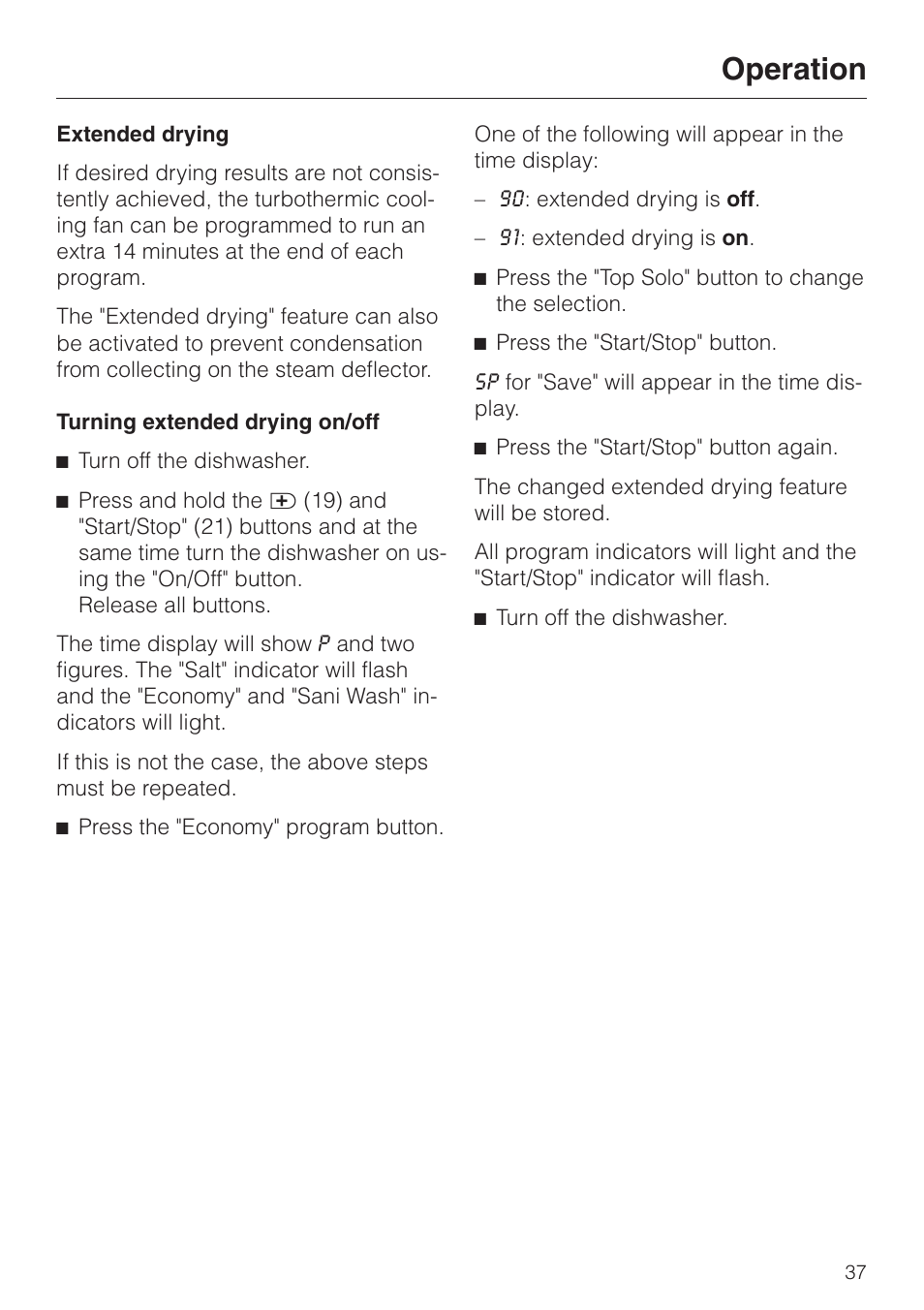 Extended drying 37, Extended drying, Operation | Miele TOUCHTRONIC PREMIER PLUS HG01 User Manual | Page 37 / 56